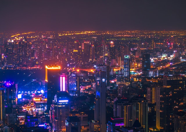 Beautiful towers with colourful lighting.